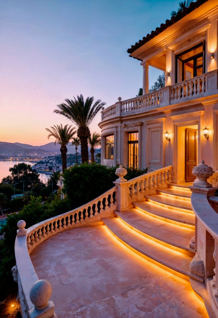 luxury villa with illuminated staircase sunset luxury villa with illuminated staircase sunset
