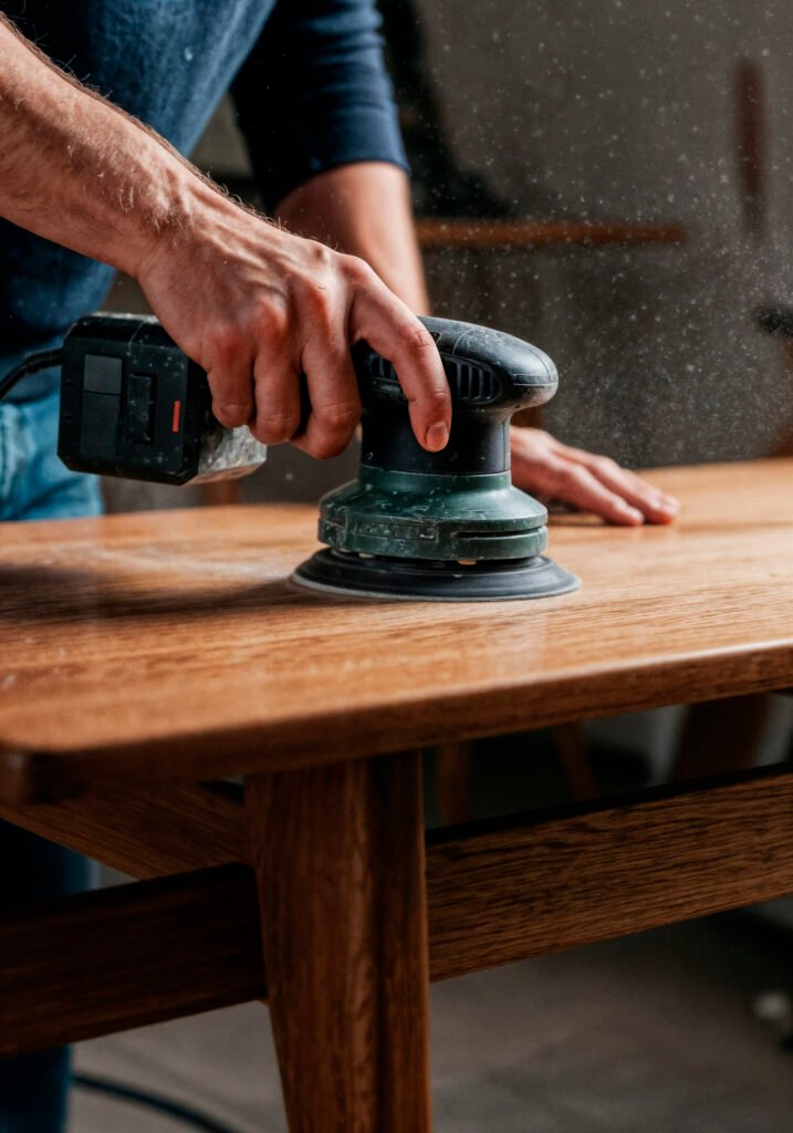 man sanding wooden table with orbital sander