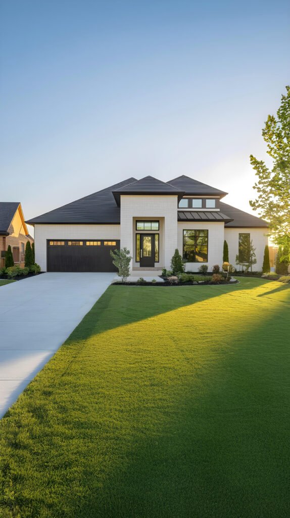 modern luxury house with beautiful lawn sunny sky
