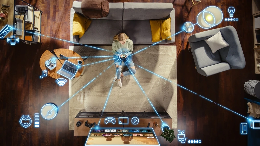 Smart home lady with remote for everything
