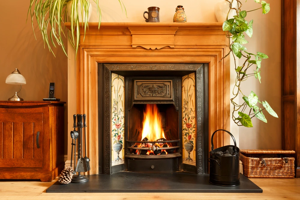 Home in winter fire place