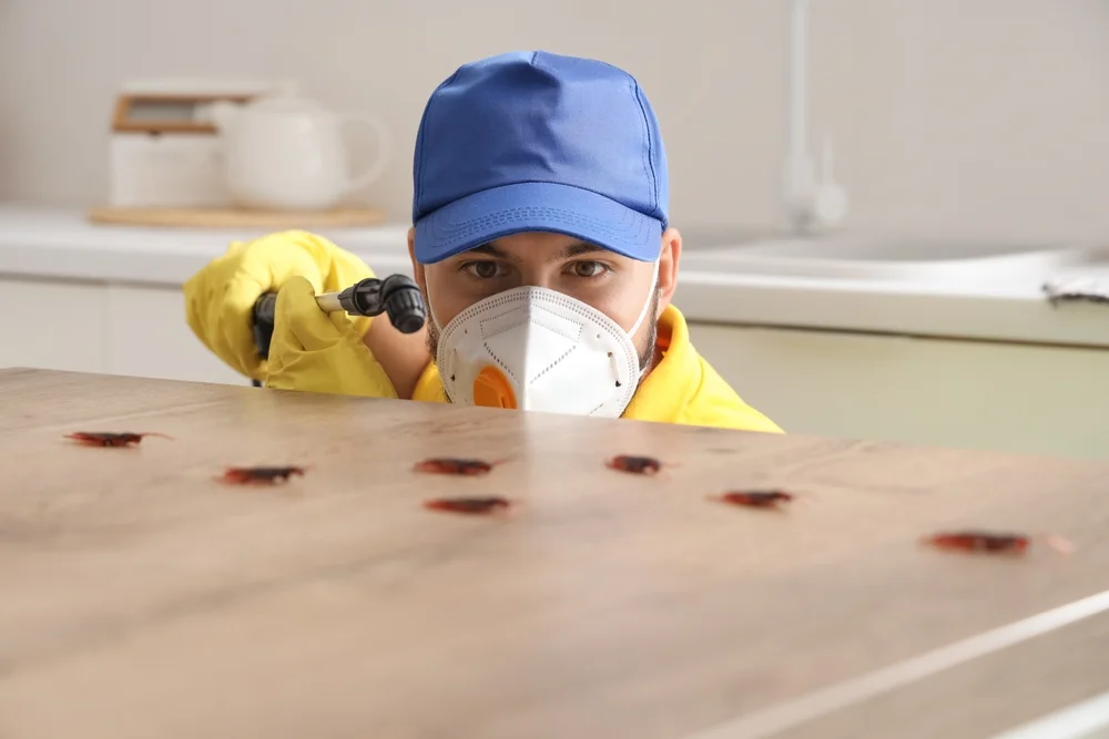 Male pest control expert disinfecting table from cockroaches